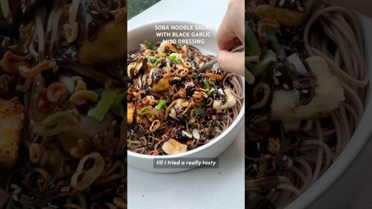 soba noodle salad with black  garlic miso dressing, crispy tofu, and shallots! 🥢 #noodles #garlic