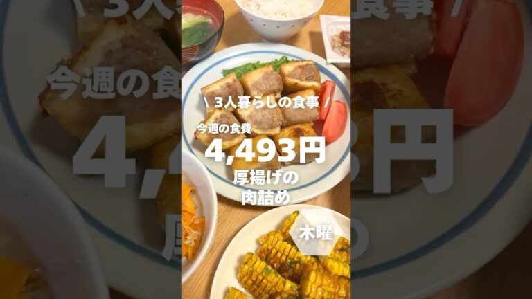 1週間4,500円で自炊する3人暮らしの食事/厚揚げの肉詰めを作ったよ〜 #自炊＃shorts