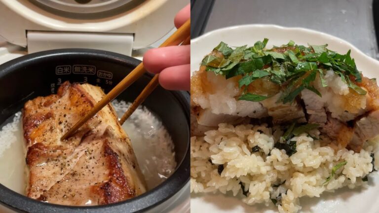 残業終わりに豚バラと白米を炊飯器で料理する深夜飯テロ