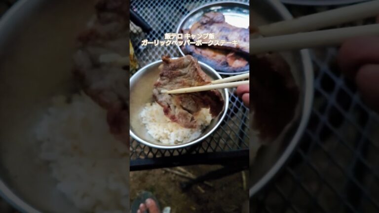 【飯テロ】キャンプ飯 焚き火料理 ガーリックペッパーポークステーキ丼😁 #飯テロ #キャンプ飯 #焚き火料理 #アウトドア クッキング