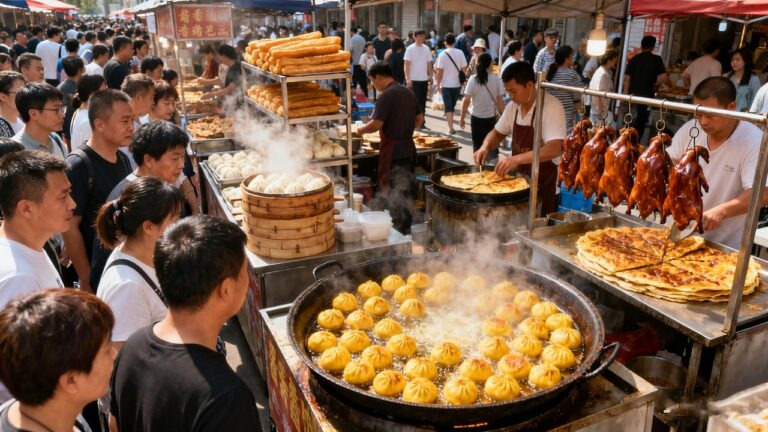 中国郑州热闹大早市，中原美食真丰富！鸡蛋灌油条外焦里嫩，铁板烤鸭便宜实惠，1元2个的煎包滋滋冒油，蜂蜜小面包儿时回忆，油炸面筋本地特色！香酥千层饼，街头牛肉汉堡，老式新式美食全都有！