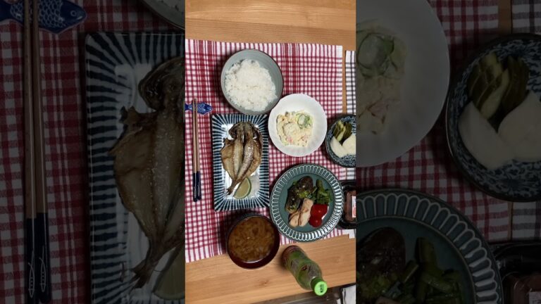 9月13日夕食　あじの開き　ポテトサラダ　ナスの生姜煮　鶏むね肉とアスパラ焼き　プチトマト　きゅうりと大根のぬか漬け　キャベツと玉ねぎとにんじんの味噌汁　体重維持　#食事日記