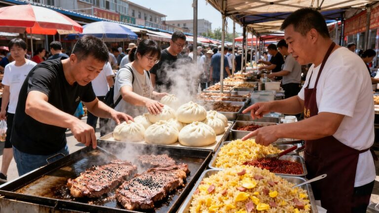 中国河北保定本地人最爱美食街，驴肉火烧吃过瘾！大饼卷菜真实惠，19.9元的铁板牛排，现炸薯片放心吃！街头炒饭上班族最爱，韭菜锅贴外皮焦脆，芝士烤冷面排长队，1小时不间断美食分享！一次看过瘾！