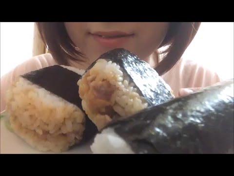 女子の一人ご飯！おにぎり2個と手巻き（豚生姜焼き・照焼チキンマヨ・牛焼肉とナムル巻き）食べるだけ！eating sounds