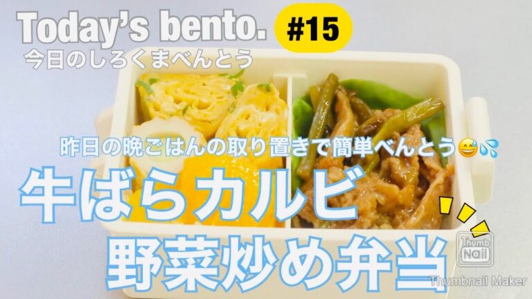 【今日のしろくま弁当＃15】牛ばらカルビ野菜炒め弁当♪(ᵔᴥᵔ) 昨日の晩ごはんの取り置きで簡単べんとう😅💦/ 〜Today's bento.