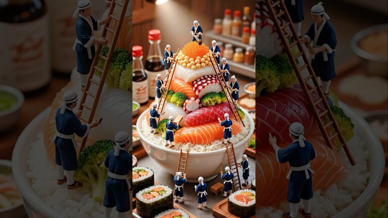 Tiny Japanese Chefs Making a Giant Seafood Rice Bowl🍚👩‍🍳#food #aiart #fantasy #japan #海鮮丼