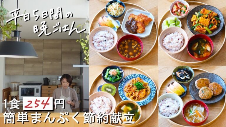 【1週間30分献立#187】1食254円の簡単まんぷく節約献立|鶏むね肉のチキンカツ|豆腐入り豚つくね|鮭とれんこんの甘酢照り焼き|厚揚げれんこんと小松菜のピリ辛炒め|まとめ買い|買い物リスト|