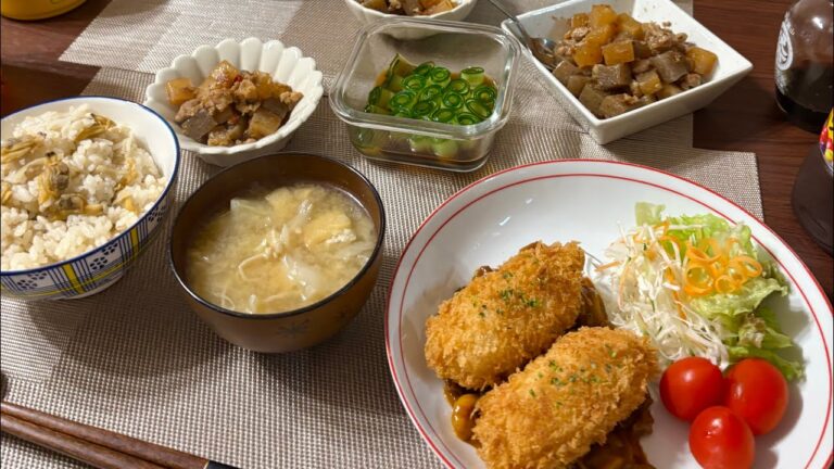 2025年9月30日　豚ひき肉と大根の甘辛煮､くるくるきゅうり､あとは冷凍のエビクリームコロッケ。