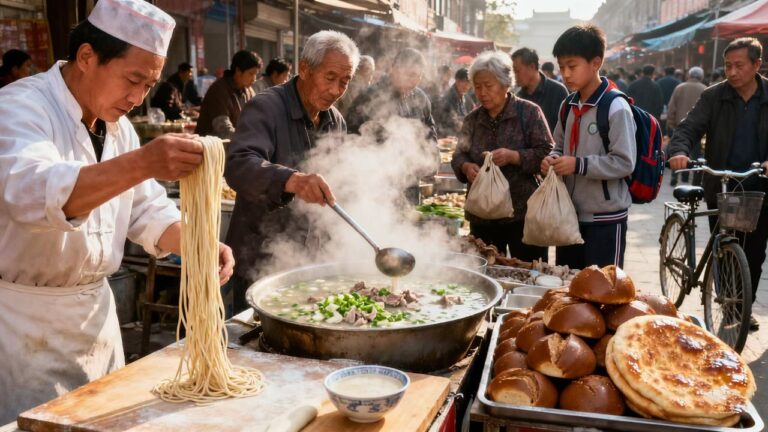中国古城开封热闹大早市，满街是热乎的香味，五香拉面开封独有，八批油馍碳水炸弹，超大烤饼本地人最爱！烧饼夹羊肉爽吃过瘾，清真美味四味菜，一口鲜得暖到脾胃，1小时不间断古城美味分享！