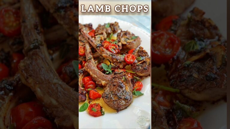 Marinated Greek Lamb Chops with Mushrooms, Tomatoes, and fried small colorful potatoes! 😋