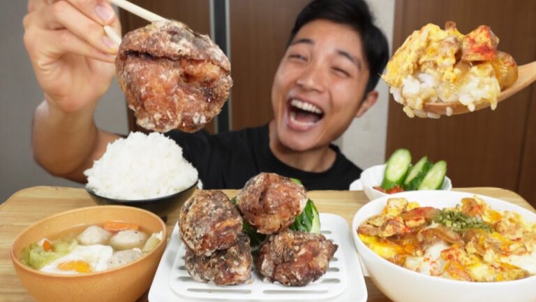 ASMR(喋りBGMなし)から揚げ,親子丼,とろ玉鶏団子みそ汁 ~焦がし唐揚げは苦くない~【日本語字幕】