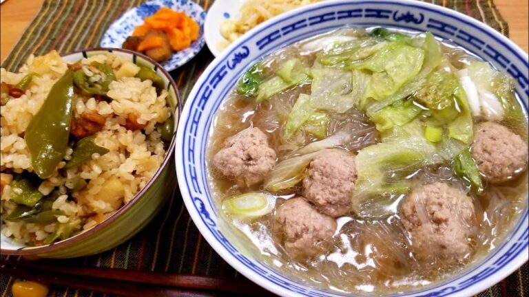 【一汁一飯】肉団子とレタス春雨のスープとピーマン炊き込みご飯の作り方！🍁🍜