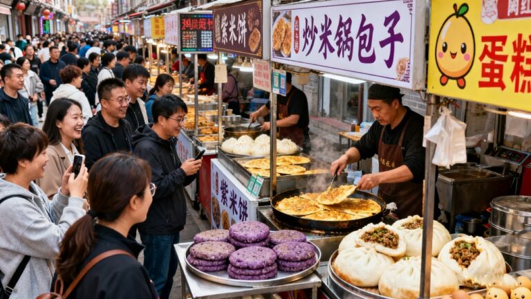 中国山东网红美食街vs本地人最喜爱的早市合集！金黄酥脆的南瓜条，外脆里糯的紫米饼，手工捶打的绿豆糕，麻辣酥脆的炒锅饼，你绝对不能错过街头美食！