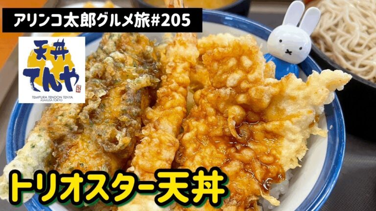 アリンコ太郎グルメ旅#205 天丼てんや【オールスター天丼】小そばサービスセット　海老　ちくわ磯部揚げ　とり天　れんこん　ナス　JAPANFOOD