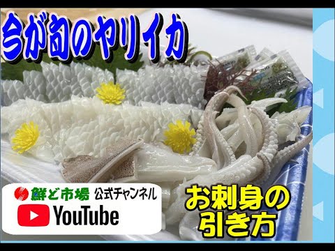 ヤリイカのさばき方～お刺身の引き方、鮮ど市場鮮魚コーナーでお待ちしております。ゲソ、ミミまで全て使ってお刺身にします。