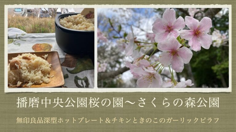 【車中ランチ・料理】春爛漫で桜満開【無印良品】深型ホットプレート＆チキンときのこのガーリックピラフでタイ米も美味しく炊けました！