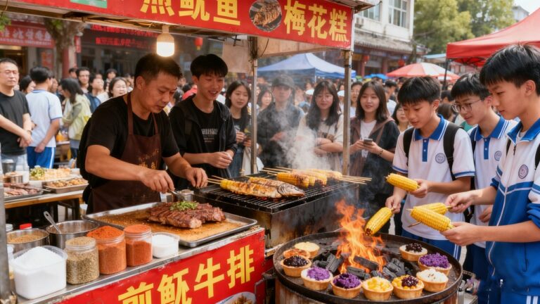 中国山东临沂本地人最爱的美食街，鲅鱼馅的煎饼必吃！掉渣饼外皮脆到掉渣，梅花糕甜滋滋，还有年轻人超爱的芝士蛋包火鸡面，烤玉米的焦香、锅巴土豆的外脆里绵，拇指生煎包咬开爆汁，每样都让人忍不住停下脚步！