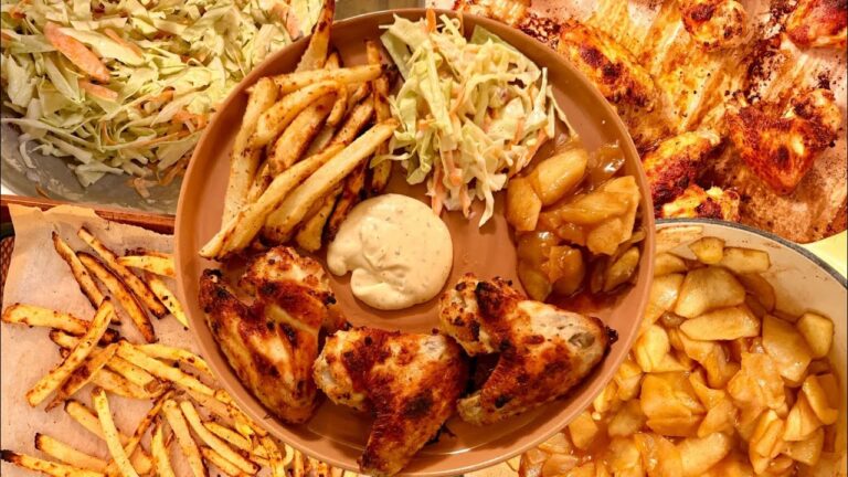 チキンウィング、ホームフライ、コールスロー、スパイスアップル