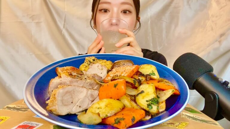 【咀嚼音】豚のローストと野菜のグリルを食べる動画🐖🥕🥦🧅〜間違えてサムネ消した🌞〜【eating  sounds】