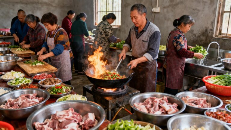 令人惊叹！中国农村为1500人准备丰盛宴席热闹场面，40美元20道菜，震撼的饮食狂欢！