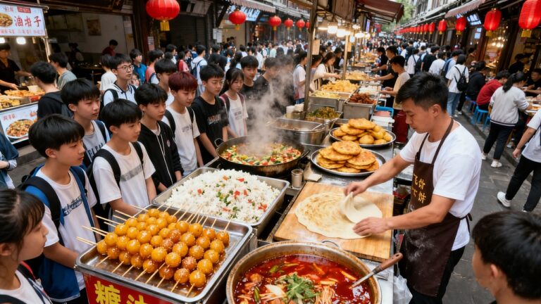 中国成都爆火的网红美食街，街上全是年轻人，本地特色糖油果子，焦香土豆饼，铁板炒饭，炫酷的飞饼小哥，实惠的炒面，充满烟火气路边串串，整条街坐满人！治愈人心的美味与热闹！