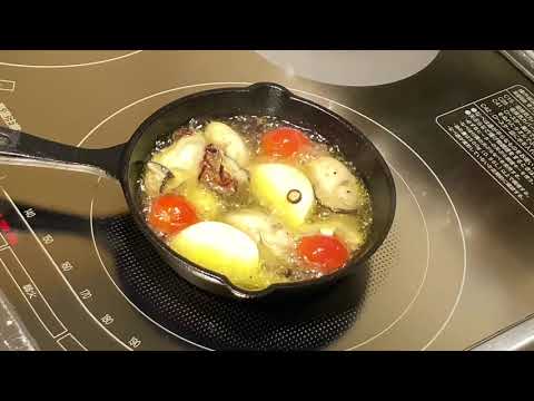 （スキレット）で（牡蠣のアヒージョ）やってみたぁ　切り抜き