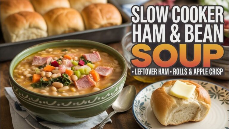 スロークッカーで作るハムと豆のスープ（残ったハムを使用）＋自家製ロールパンとアップルクリスプ