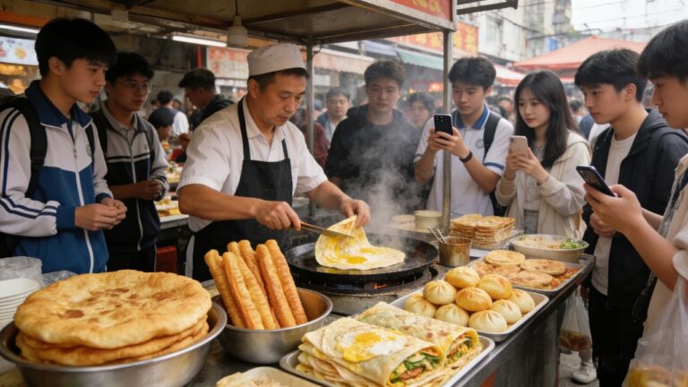 中国上海最有名的早餐美食街vs最大的夜市美食广场！上海独有的超大羌饼，金黄焦脆的锅贴，软糯顺口的汤圆，葱油饼排长队，肉量超大的肉夹馍，打工族最爱的炒面，从早餐的碳水满足，到夜市的美食狂欢！