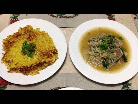 （クッキング） かた焼きそば 豚肉小松菜もやしバージョン
