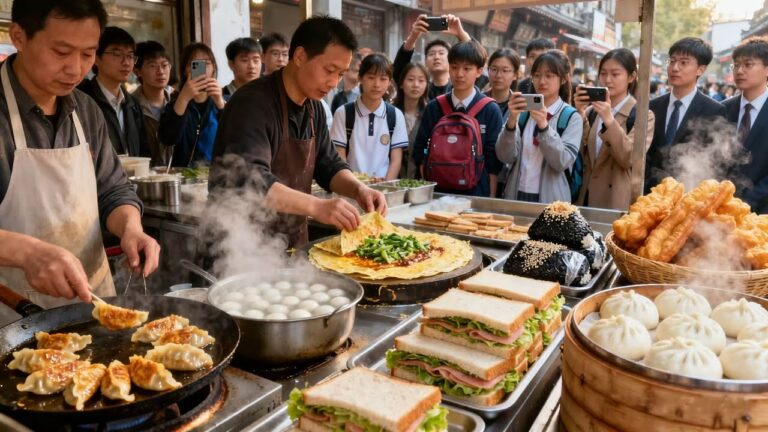 中国南京本地人超爱的地道早市vs网红夜市美食街！软糯的煮汤圆，乌米饭团必吃！金黄酥脆的牛肉锅贴，焦香的煎饼，奶油华夫饼颜值超高，炒面、炒饭等各种美食，一边是地道的本地家常味，一边是多样的网红美食！