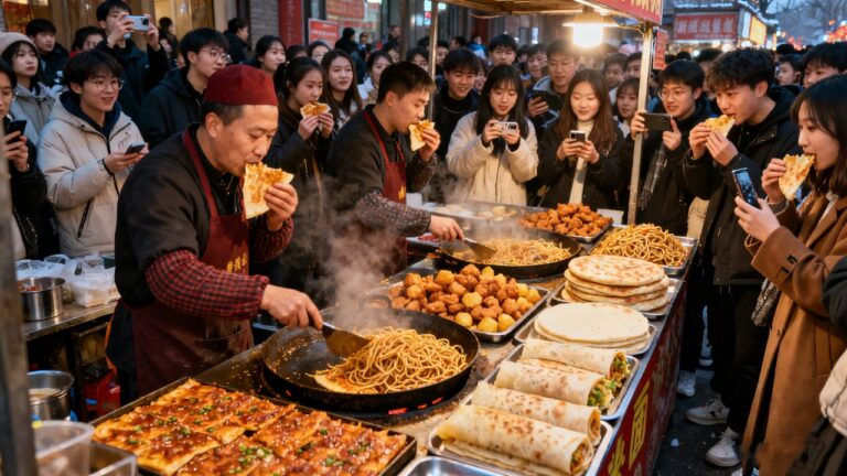 中国西安最受打工人喜爱的夜市美食街！焦香葱花饼，平价的蛋炒饭！特色烧饼夹土豆，烟火气十足的炒面，超大锅的米糕，蘸水面非遗特色！打工人下班的快乐聚集地！ i