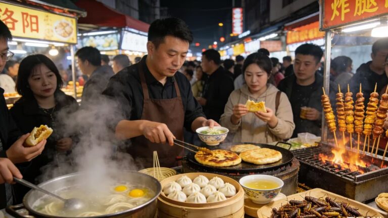 中国最火的古城洛阳小吃街,上百种小吃根本吃不完,人流爆满,比脸大的鱿鱼，铁板煎至焦香，一口下去超满足！敢不敢尝试香酥炸虫子？一口嘎嘣脆，越吃越上头！蟹粉大汤包轻轻一咬，鲜美的汤汁瞬间在口中爆开！