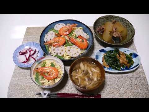 出来るだけ手作り　(NO.42)　ちらし寿司　冬瓜と鯖缶の煮物　ケールと油揚げの炒め物　赤かぶの塩麹漬け　シメジの味噌汁
