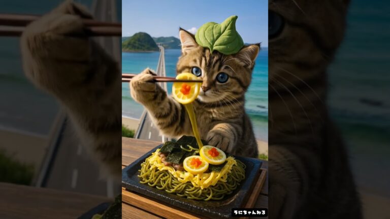 🌉角島大橋と海を眺めながら✨瓦そばを食べるうにちゃん🍵🐾