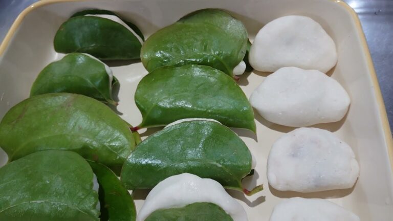 今日の健康ごはん。「さるとびいばら」の葉で包んだ「かしわもち」を作りました。「さるとびいばら」の葉は、蒸すと、色が緑色から茶色に変わります。