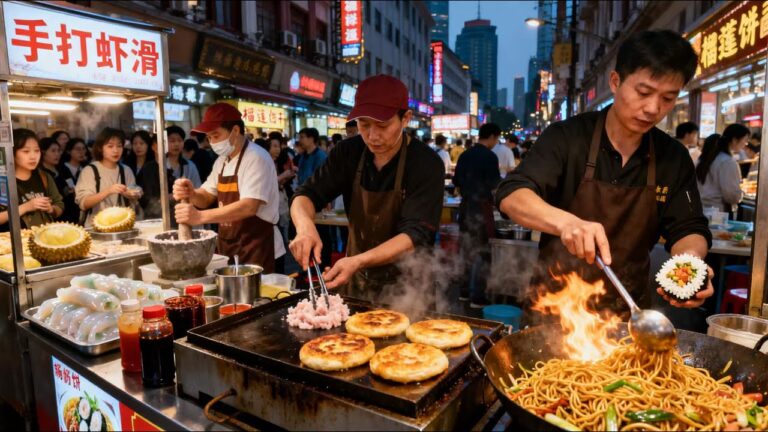 中国上海市中心的热闹夜市！繁华都市的另一面！手打虾滑现场制作，街头炒面烟火十足，榴莲饼排队购买，锅盔焦香酥脆！肠粉入口爽滑！烟火气十足的上海美食街！