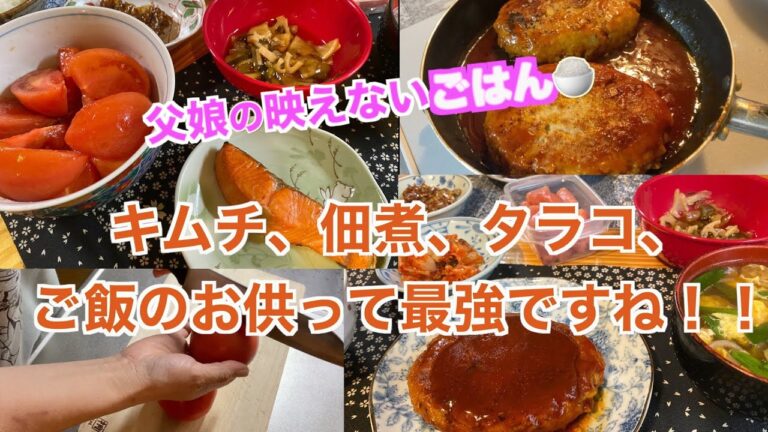 【父娘の映えないごはん】ご飯のお供って素晴らしい！！鮭とハンバーグを添え…！！の晩御飯です。