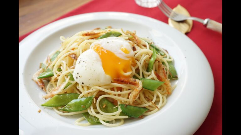 【和風パスタ】桜えびと温泉卵のパスタしょうが風味【免疫力アップ！】