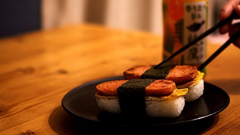 【飯テロASMR】夜食にスパムおにぎり（ポーク卵おにぎり）を作ってお茶で流し込む動画【簡単レシピ】