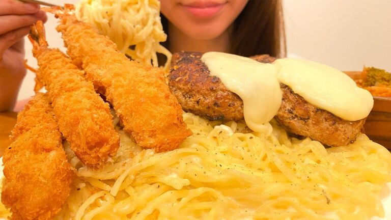 【大食い】チーズクリームパスタにエビフライとハンバーグ乗っけて食べる晩ご飯【簡単パスタ】