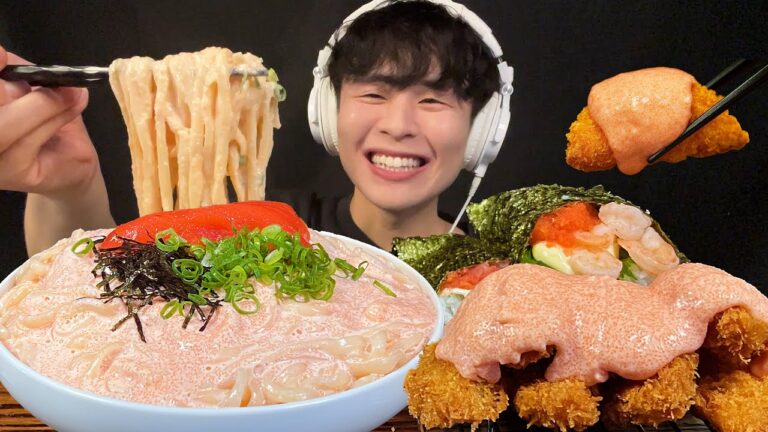 【ASMR】明太子クリームうどん、白身魚のフライ、手巻き寿司‼️【咀嚼音/mukbang/Eating Sounds】