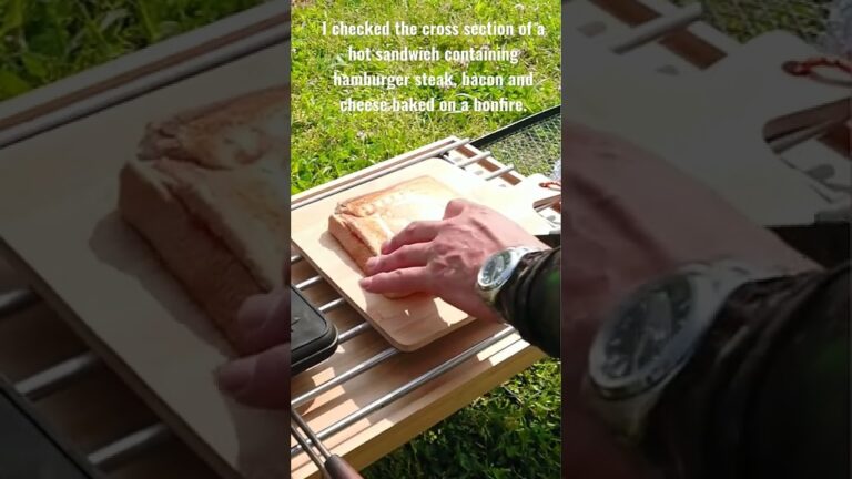 焚き火で焼いたハンバーグとベーコンとチーズが入ったホットサンドの断面を確認してみた‼️#shorts