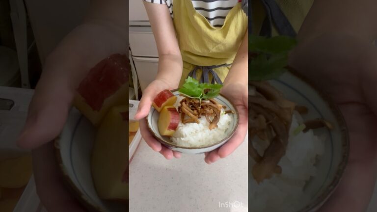 簡単✨ご飯のお供🍚しいたけの軸の佃煮♪醤油、酒、みりん、生姜、あみえび✨昨日作ったさつまいものレモン煮添え♪