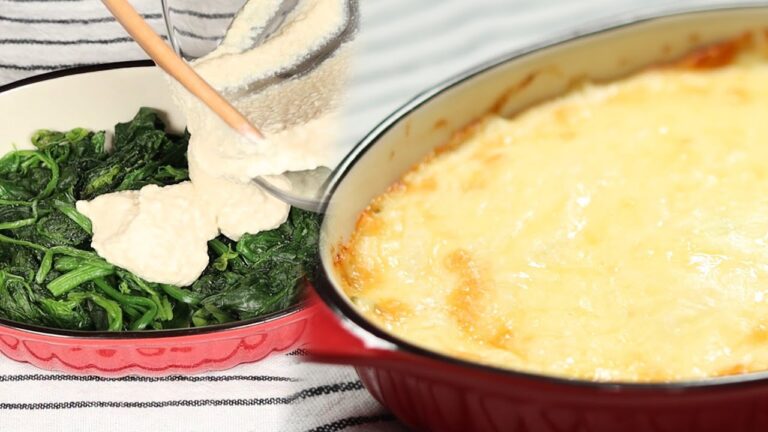 【ほうれん草の豆腐グラタン】豆腐のホワイトソースが美味しい！｜簡単レシピ｜ほうれん草に豆腐のホワイトソースをかけてチーズで焼き上げました。簡単でくせになるグラタンです！