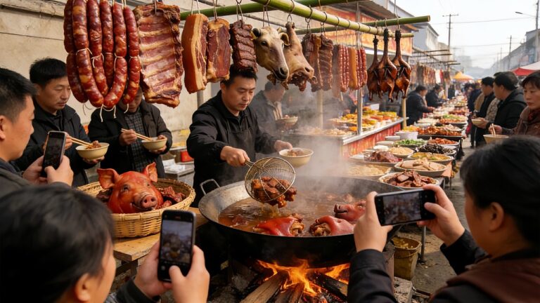 中國四川重慶美食合集，農村趕大集煙火氣十足，超50種街頭美食令人胃口大開，重慶人愛吃肉200斤鹵豬頭出鍋就售罄，麻辣肥腸、牛雜粉當地人最愛，米花糖、火烤臘肉排隊買，燒白肥而不膩，鹵鵝真便宜26元一公斤