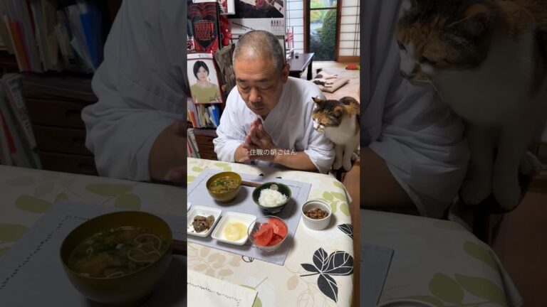 住職の朝ごはん。茄子の揚げ浸し 牡蠣の佃煮 沢庵 冷やしトマト ごはんと味噌汁