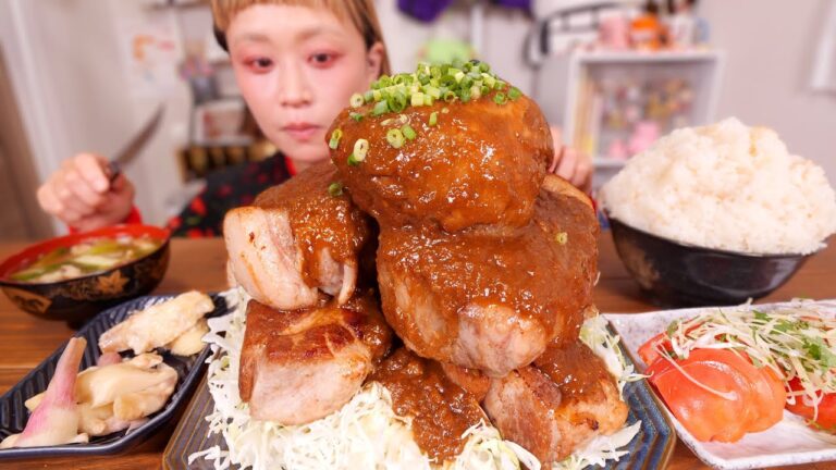 【大食い】至福。岩みたいにでっかくて分厚いのにめっちゃ柔らかいポークステーキ作りたい。めざせ自家製マロリーポーク。【モッパン】【MUKBANG】
