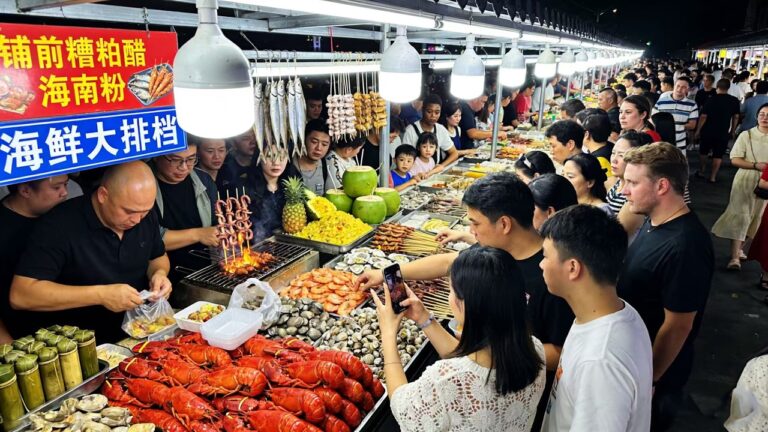 中国三亚人气最多的夜市美食街！海鲜小吃云集！外酥里嫩的香煎海鱼、鲜香饱腹的海鲜炒饭、金黄焦香的蚝仔烙、清甜软糯的香蕉竹，全程沉浸式逛吃打卡，带你感受三亚最热闹、最地道的海岛夜市夜生活！
