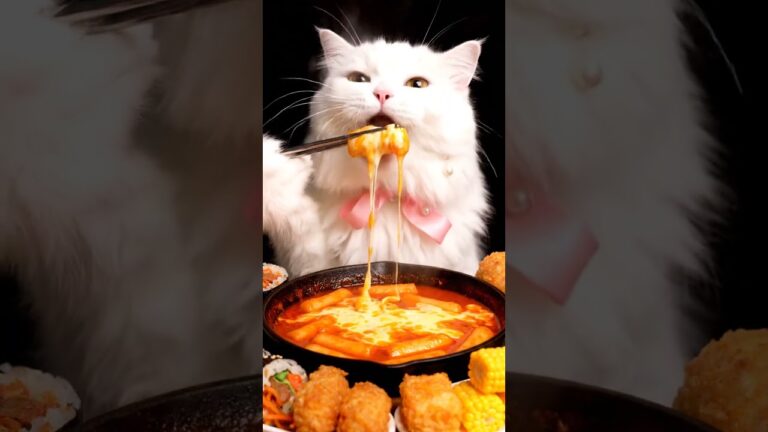 【AI白猫モッパン🐱】とろけるチーズトッポギ🧀 ASMR｜AI Cat Eats Cheesy トッポギ😋