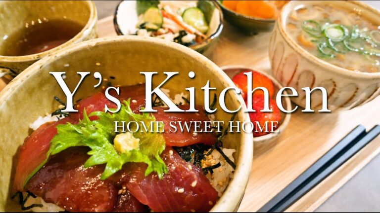 【夜ごはん】マグロ丼＆がんもの煮物＆きゅうりとカニカマの酢の物＆なめこと豆腐の味噌汁